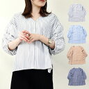 【取り寄せ対応】シャツ ブラウス ストライプ Vネック ギャザー 5分袖 半袖 トップス レディース ホワイト ライトブルー ベージュ ネイビー(4)