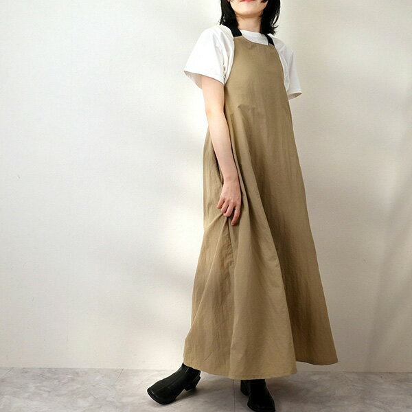【取り寄せ対応】ワンピース エプロン ノースリーブ 無地 マキシ丈 ロング レディース グレージュ カーキ チャコールグレー ブラック