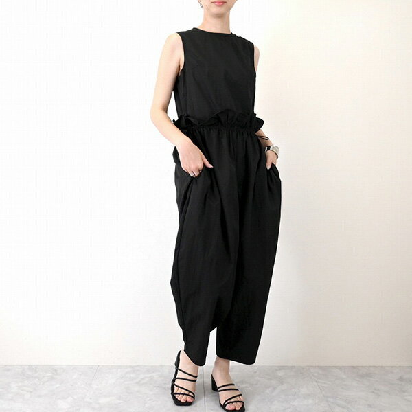オールインワン サロペットパンツ ギャザー コクーン ノースリーブ 無地 パンツ ボトムス レディース エクリュ カーキ ブラック