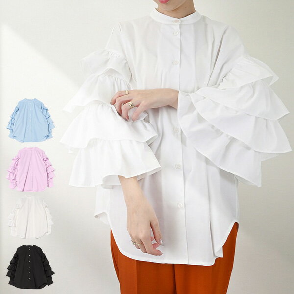 【取り寄せ対応】シャツ ブラウス フリル 長袖 無地 バンドカラー 白 黒 トップス レディース ホワイト ブルー ピンク ブラック