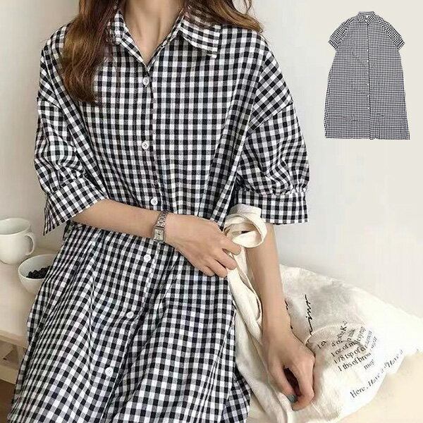 ワンピース シャツワンピース ロング 半袖 ギンガムチェック 夏 レディース ブラック