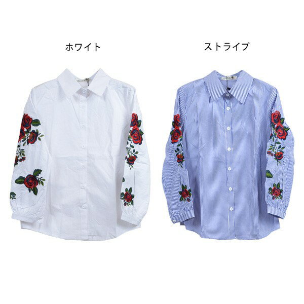 シャツ ブラウス 長袖トップス 刺繍 バラ 花柄 ストライプ レディース
