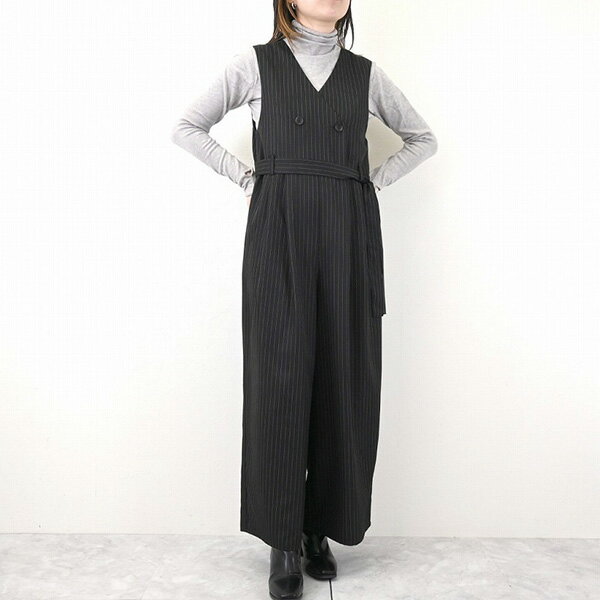 【取り寄せ対応】サロペット オールインワン　ストライプ ジレデザイン ロング 12分丈 ボトムス パンツ レディース グレージュ チャコールグレー ネイビー ブラック