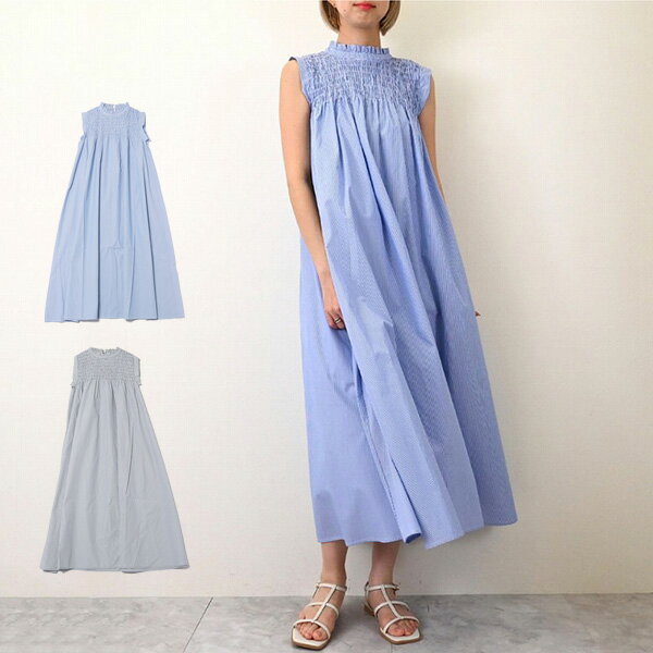 ワンピース ロングワンピース ストライプ シャーリング ノースリーブ フリルネック レディース ブルー ブラック