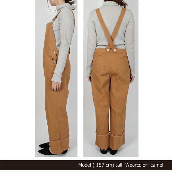 【取り寄せ対応】オーバーオール サロペット オールインワン 綿ツイル パンツ ロングパンツ カットオフ ロールアップ カジュアル ボトムス レディース ベージュ キャメル カーキ ブラック