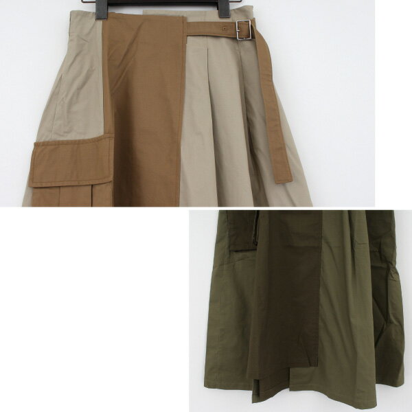 スカート フレアスカート 配色 アシンメトリー ベルト付き ロング 無地 ツイル 綿100% コットン ボトムス レディース ベージュ ブラウン カーキ ブラック