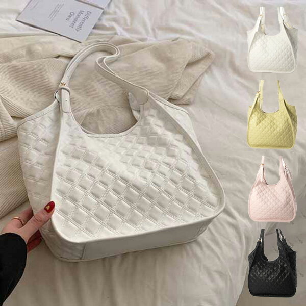 Rakuten - トートバッグ キルティング 肩掛け 合皮 PUレザー ダイヤ柄 A4 大きい バッグ 鞄 レディース ブラック ピンク ホワイト ライトグリーン