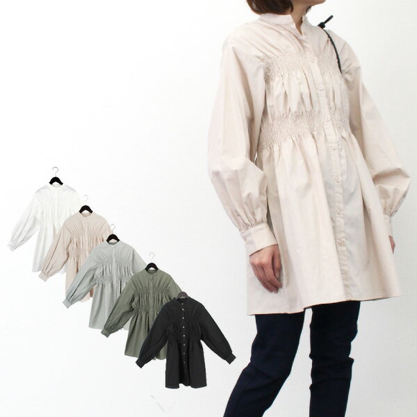 シャツブラウス長袖シャーリング白春...