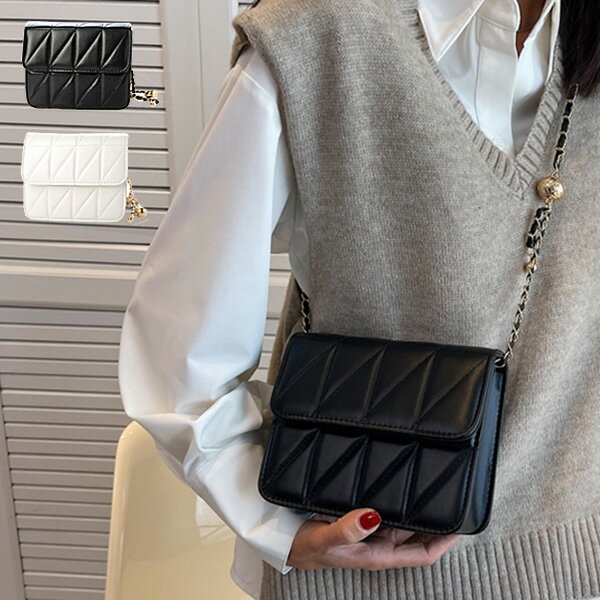 【取り寄せ対応】ショルダーバッグ バッグ キルティング ミニ 小さい チェーン 合皮 PUレザー 斜めがけ 肩掛け 鞄 レディース ブラック ホワイト(4.0)