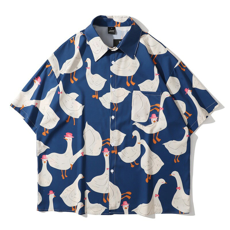 Rakuten - アヒル柄　半袖　シャツ　2色　ブラウス　トップス　カットソー　Tシャツ　青　ブルー　赤　レッド　ダンス　衣装　ヒップホップ　HIPHOP　レディース　メンズ　ガールズ　大きい　ビッグ　個性的　ストリート　カラフル　韓国　おしゃれ　羽織　鳥　柄シャツ　総柄　レトロ