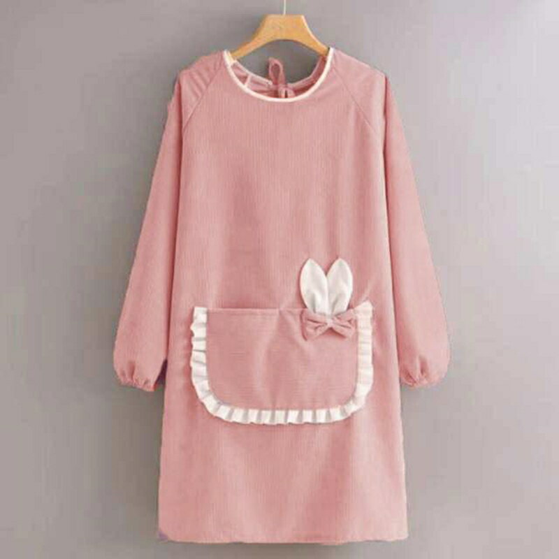 おしゃれ コーデュロイ エプロン 暖かい ピンク 長袖 かわいい 割烹着 袖ゴム入り 割烹着 無地 ゆったり ワンピース チュニック あったか グリー