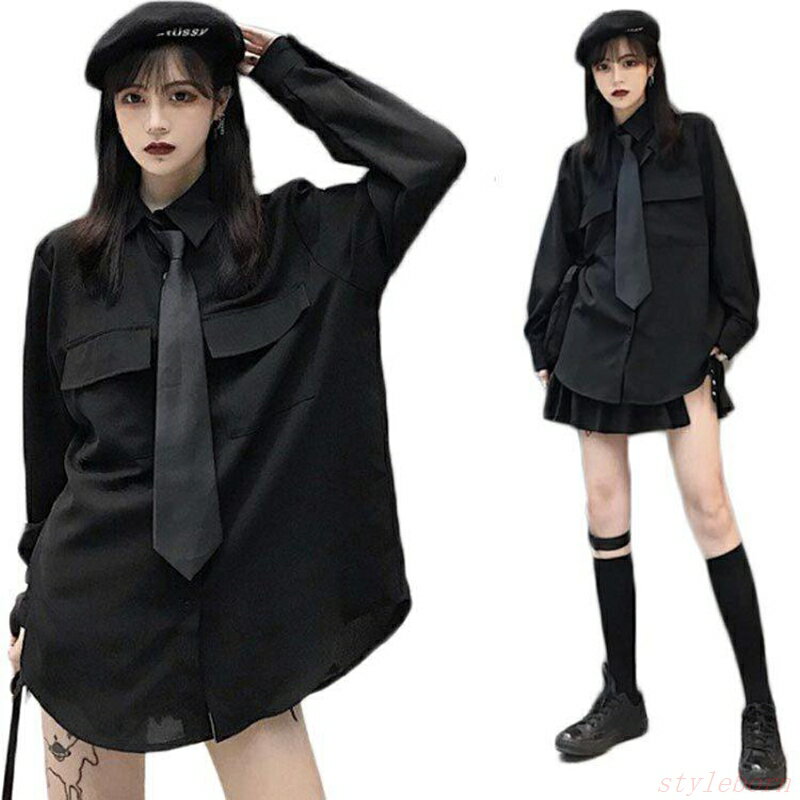Rakuten - 【楽天スーパーSALE】シャツ レディース 黒シャツ ブラックシャツ 長袖 ネクタイ付き 無地 シンプル カジュアル ストリート系 モード系 原宿系 ロック系 ハロウィン コ