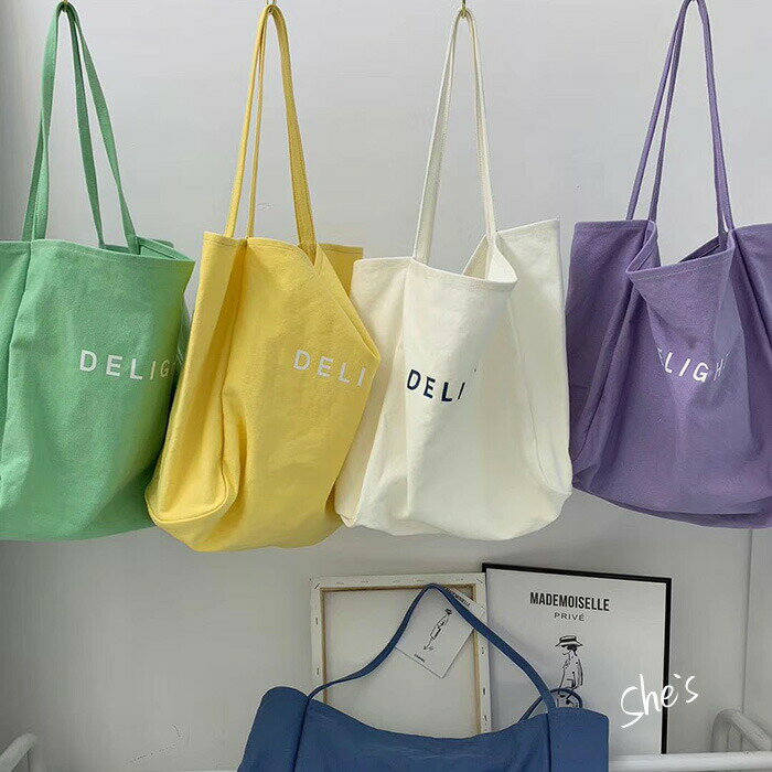 乐天商城 - 6color キャンバス ロゴ ショルダーバッグ DELIGHT ショルダー バッグ かばん 大きいバッグ 布 エコバッグ 肩掛け カジュアル シンプル ショルダーバッグ 学生 春 夏 秋 冬 送料無料 Shes