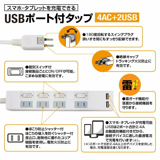 【あす楽対応・送料無料】STYLED（スタイルド）雷ガード USB充電ポート付電源タップ 2ポート合計2.4A出力・コンセント 4口 2m 18ヵ月保証 テレワーク タコ足 スマホ タブレット コンセントタップ USBタップ 延長コード ホワイト STP4UA2W-2