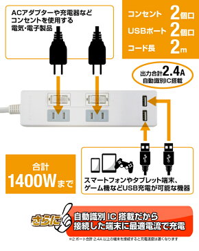 【あす楽対応・送料無料】STYLED USB充電ポート付電源タップ 2ポート合計2.4A出力・コンセント2口 2m 18ヵ月保証 スマホ タブレット 雷ガード コンセントタップ USBタップ テレワーク 延長コード ホワイト STP2UA2W-2