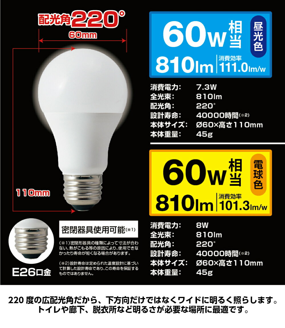 LED電球 E26口金 60W相当 一般電球形 広配光タイプ 電球色（810lm）・昼光色（810lm） 省エネ スポットライト