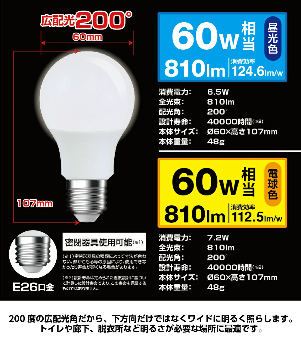 【在庫限り】STYLED（スタイルド）E26口金 LED電球 一般電球形60W相当 広配光タイプ 電球色（810lm）・昼光色（810lm）
