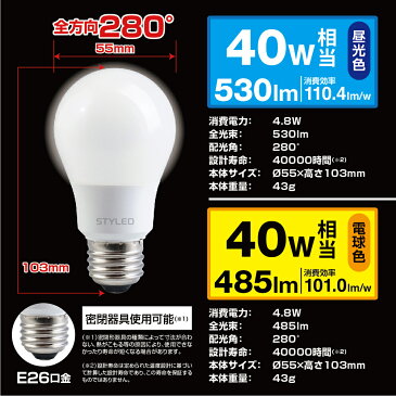 【選べる2個セット・1個当たり410円】LED電球 E26口金 一般電球形40W相当 全方向タイプ 280度 電球色（485lm）・昼光色（530lm） STYLED（スタイルド） トイレ 玄関 廊下 2個セット