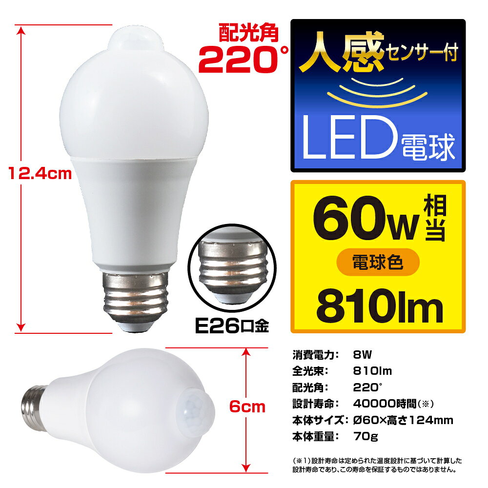 ＜2個セット・1個当たり499円＞【人感センサー付・電球色・E26口金・60W相当】LED...