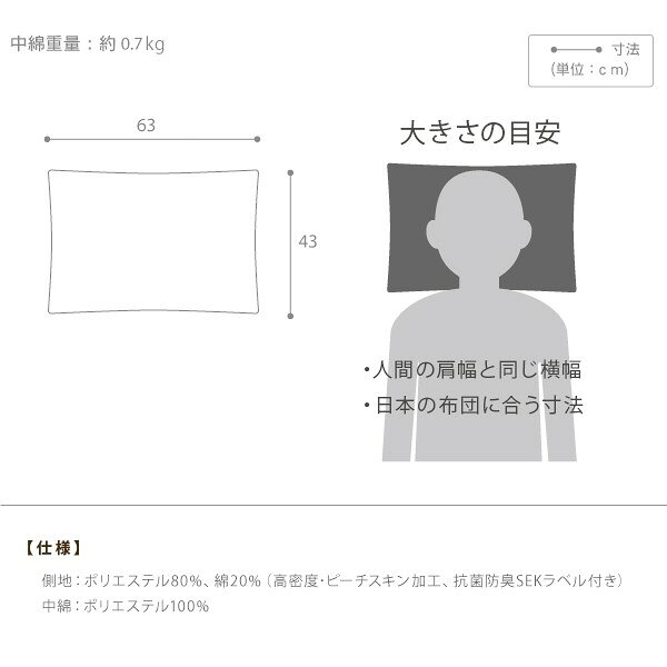 枕 低反発 洗える リッチホワイト寝具シリーズ 新触感サポート枕 63x43cm 43×63 国産 日本製 快眠 安眠 抗菌 防臭 [2]