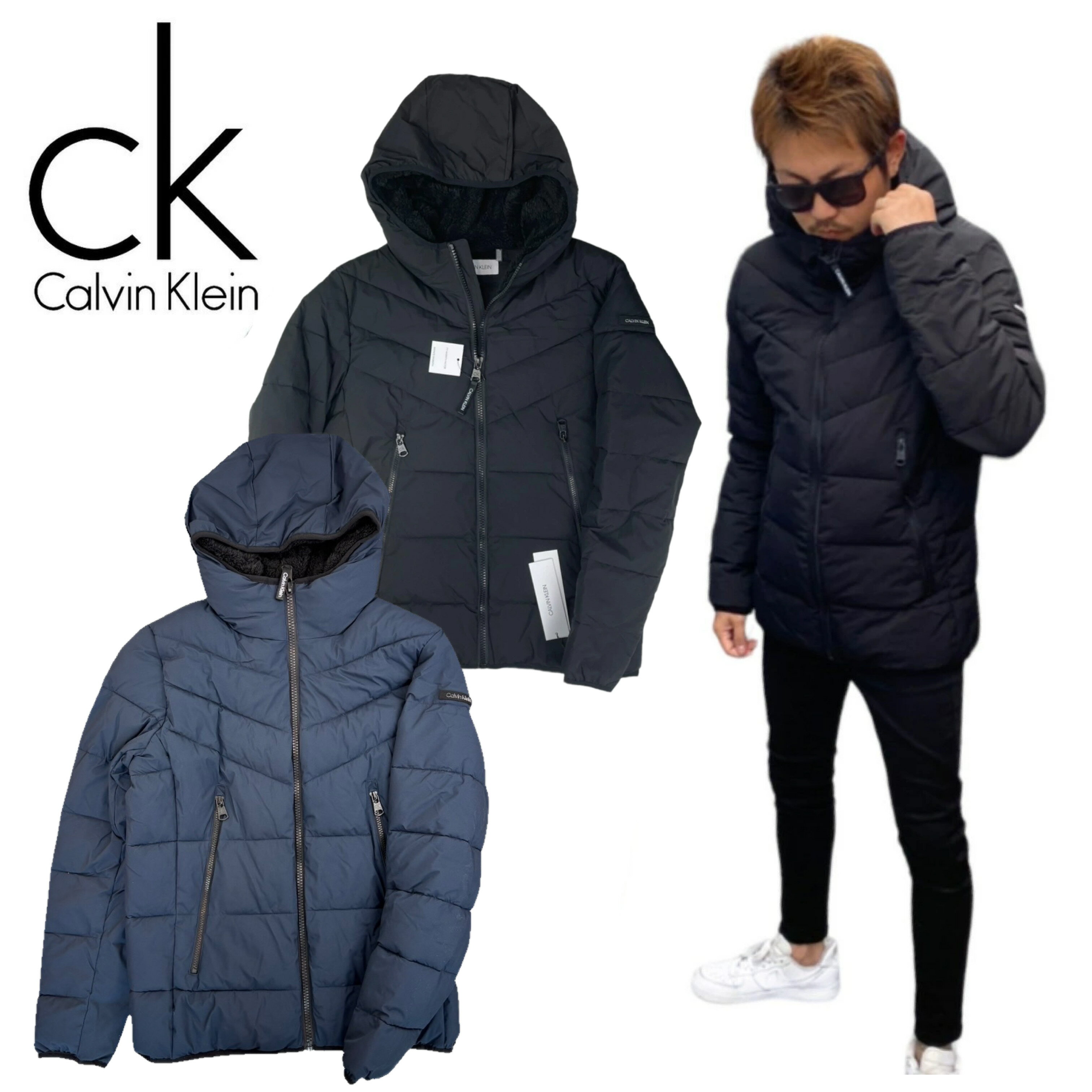 乐天商城 - カルバンクライン CALVIN KLEIN 中綿 ジャケット アウター ボアフード CM155201 黒 メンズ ロゴ 冬 モコモコ