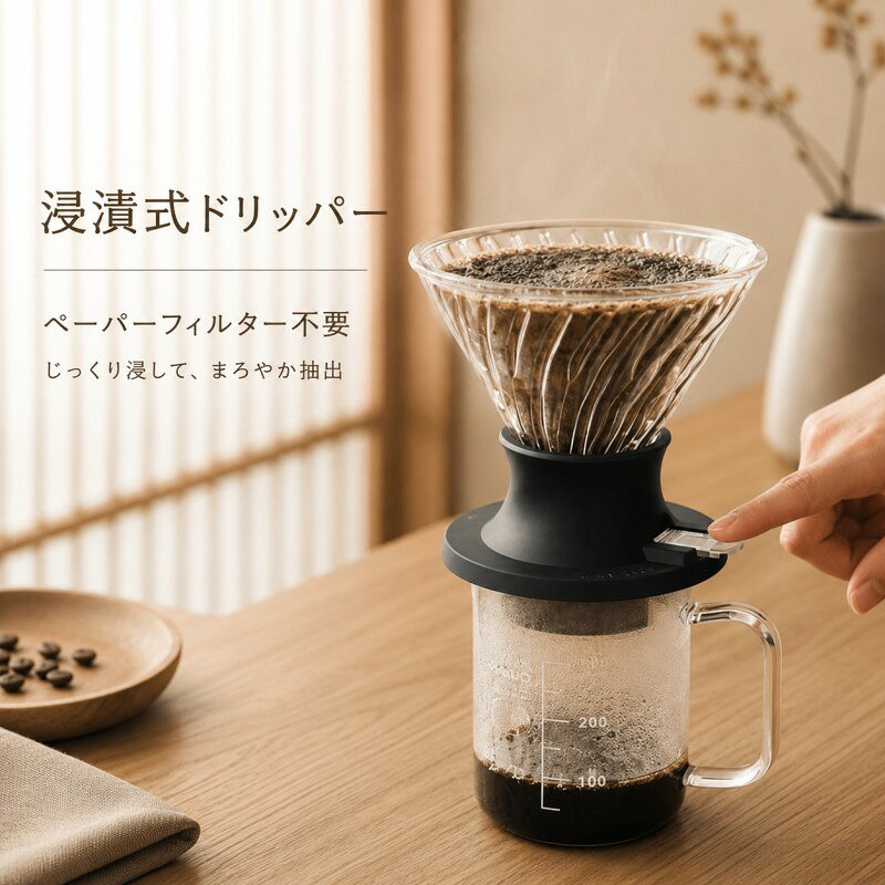浸漬式ドリッパー スイッチ360 押すだけ 簡単抽出 透明 360ml ペッパーなし 耐熱ガラス ブラック プレゼント ギフト