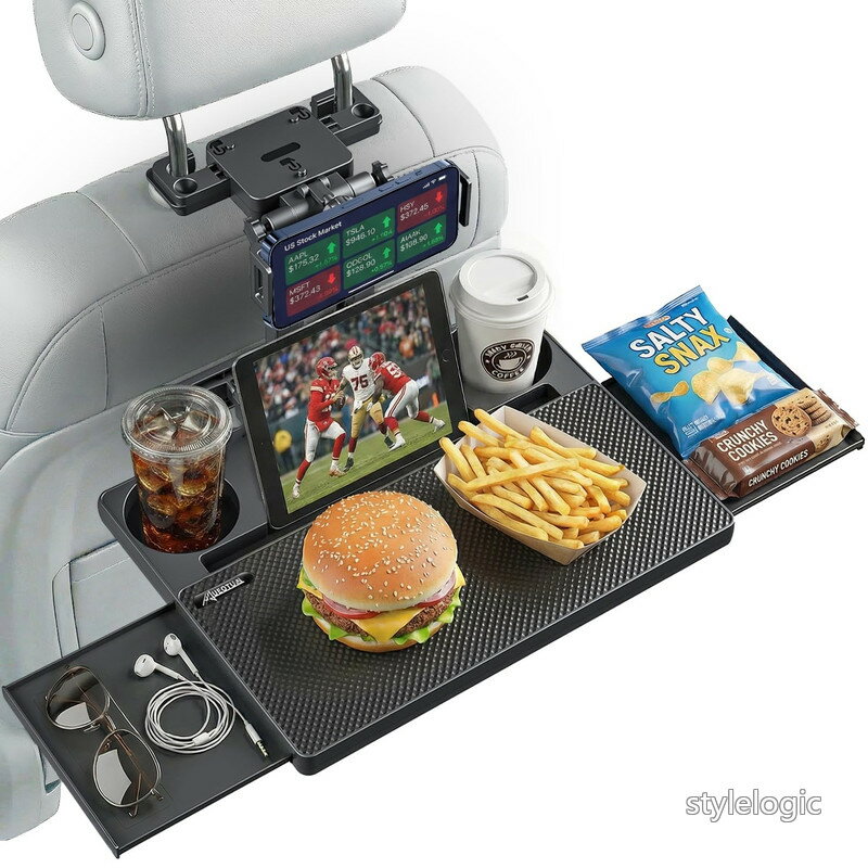 Rakuten - 【送料無料】AUEOTUAR車 テーブル 後部座席【令和8年 新登場モデル】【実用新案?意匠登録済】安定車用 折りたたみバックシートトレイテーブル 15kg耐荷重 三角固定 後部座席の食事や作業に最適な多機能調整可能なトラベルトレイイ スマホ＆ドリンクホルダー付きで ノートパソ