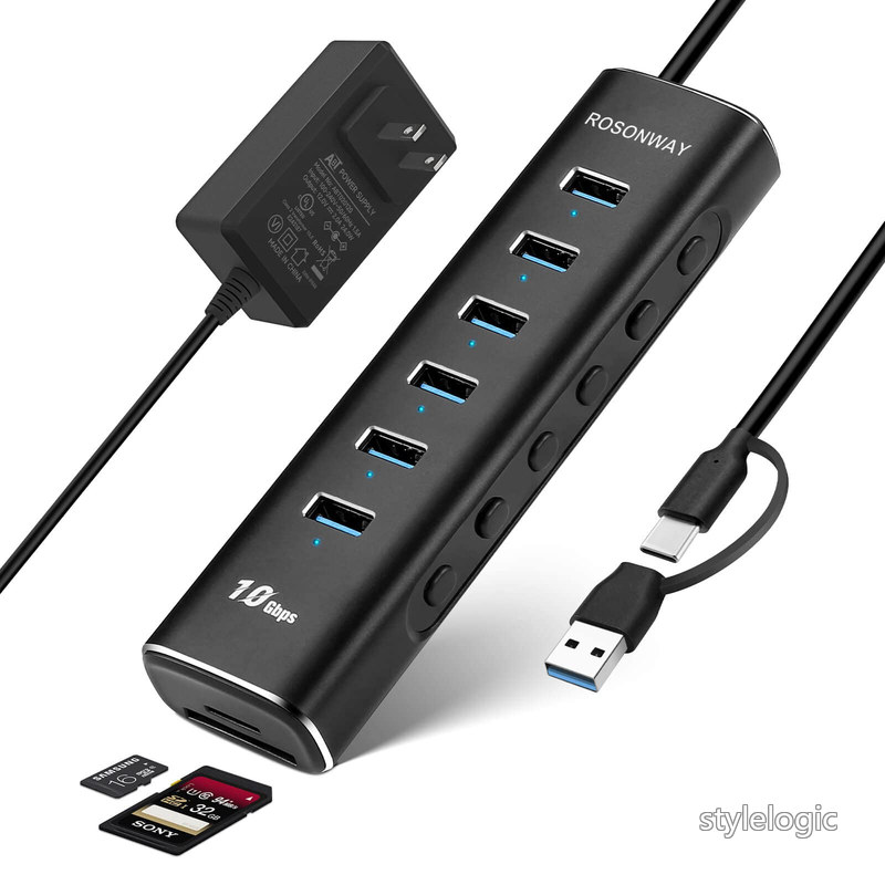 【送料無料】ROSONWAY USB ハブ3.2電源付き10Gbps 8 in 1 USB ハブ Type-C SD/TFスロット Type Aポートx6 アルミ製 USB Hub 独立スイッチ付き(RSH-A107D)