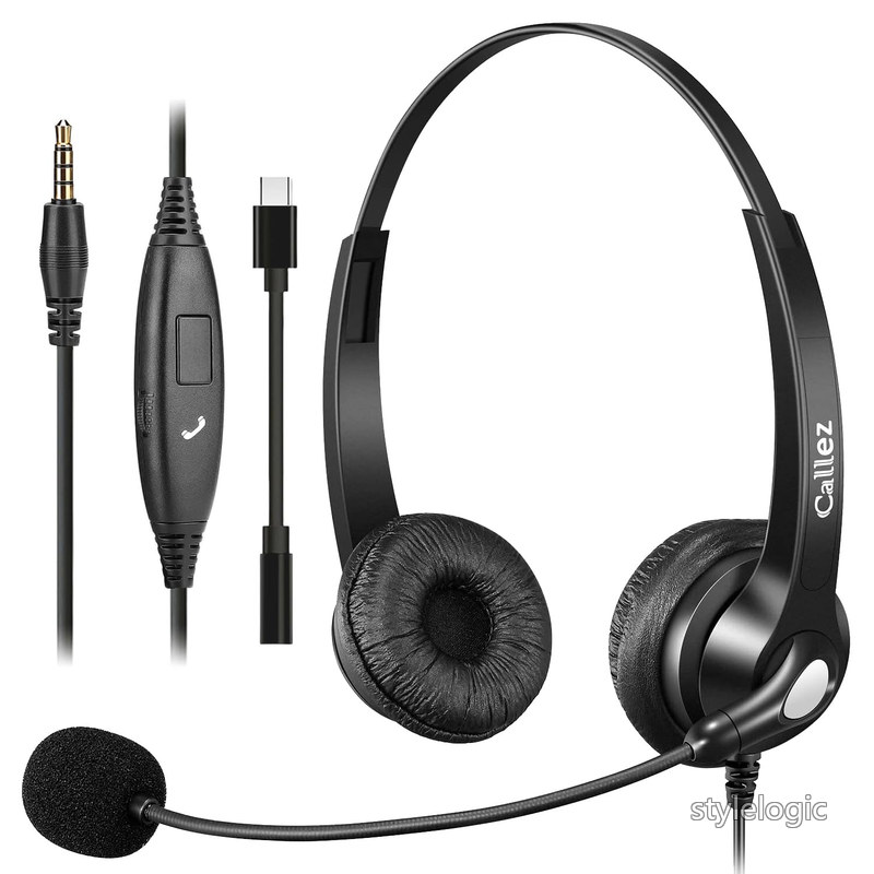 【送料無料】Callezヘッドセット携帯電話用3.5mm 両耳 ノイズキャンセリングマイク付きとコール制御PC用ヘッドホン Web会議、Skype、オフィス、在宅勤務、ビジネス、コールセンターに適用 iPhone、Android、iPad、コンピューターに対応 着信応答/終話 音量調節 明瞭な通話 超