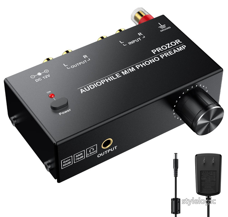 PROZOR フォノプリアンプ M/M 音量調整+レベル調整 3.5mmヘッドホン RCA出力 蓄音機アンプ 電源アダプタ付き 金メッキインターフェース