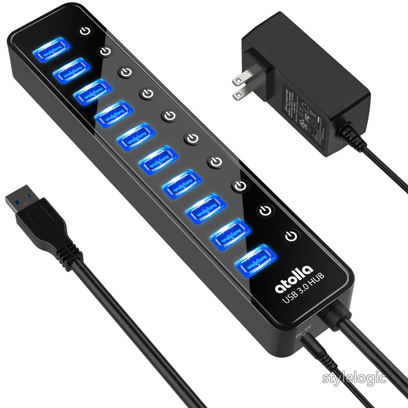 【送料無料】atolla USB ハブ 10ポート USBハブ セルフパワー USB Hub 5Gbps高速データ伝送 USB3.0 拡張 独立スイッチ付き 12V/2.5A ACアダプタ付き