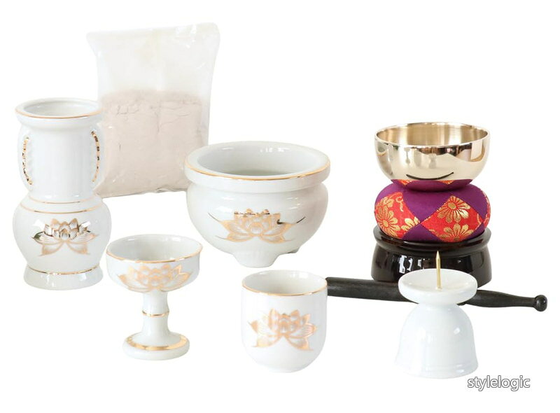 【送料無料】香炉+火立て+花立て+茶器+仏器+おりんセット 陶器 香炉灰付き 仏具セット ミニ仏壇用