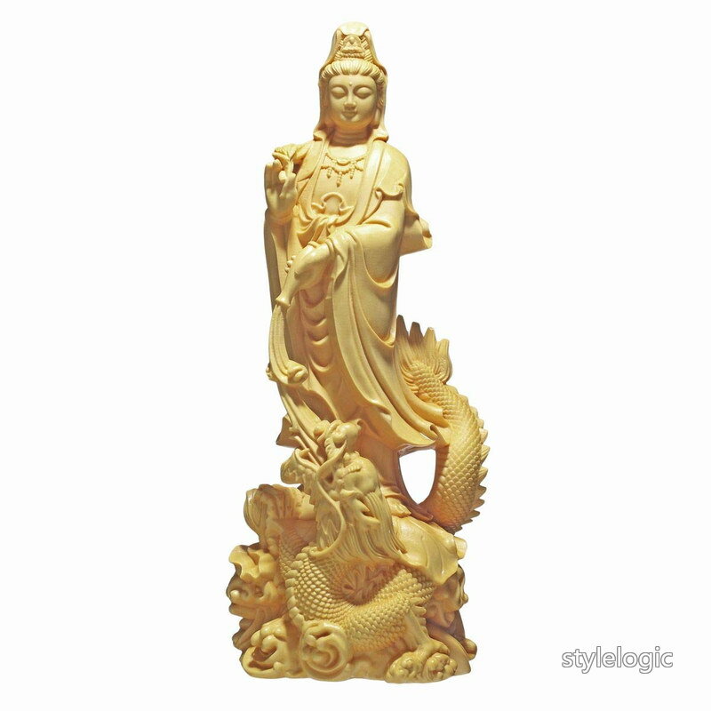 Rakuten - 【送料無料】高さ約17cm 天然木製(柘植ツゲ) 木彫 彫刻 龍神 龍乗観音 龍観音 厄除け [並行輸入品]