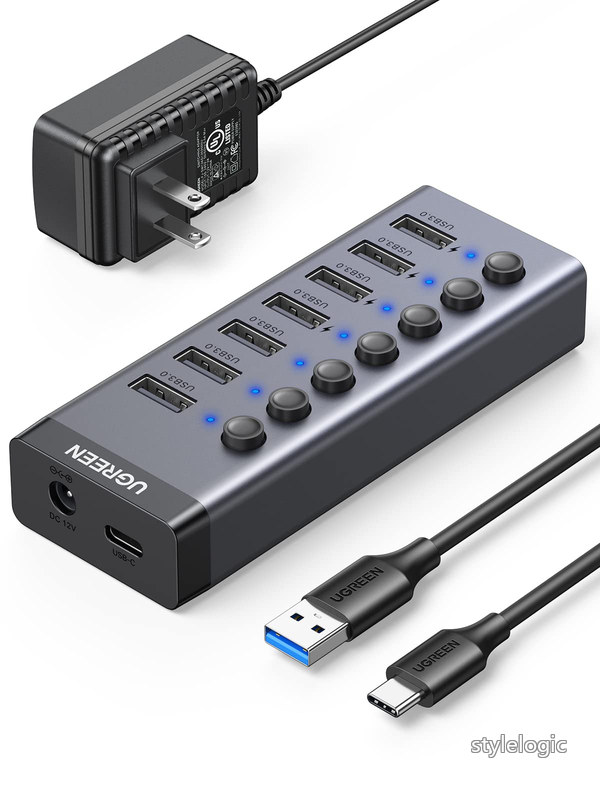 乐天商城 - 【送料無料】ハブ 7ポート3.0 hub 5Gbps高速伝送 セルフパワー対応 DC12V/2A ACアダプタ付き 独立スイッチ付 C to Aケーブル 1m 7ポート拡張