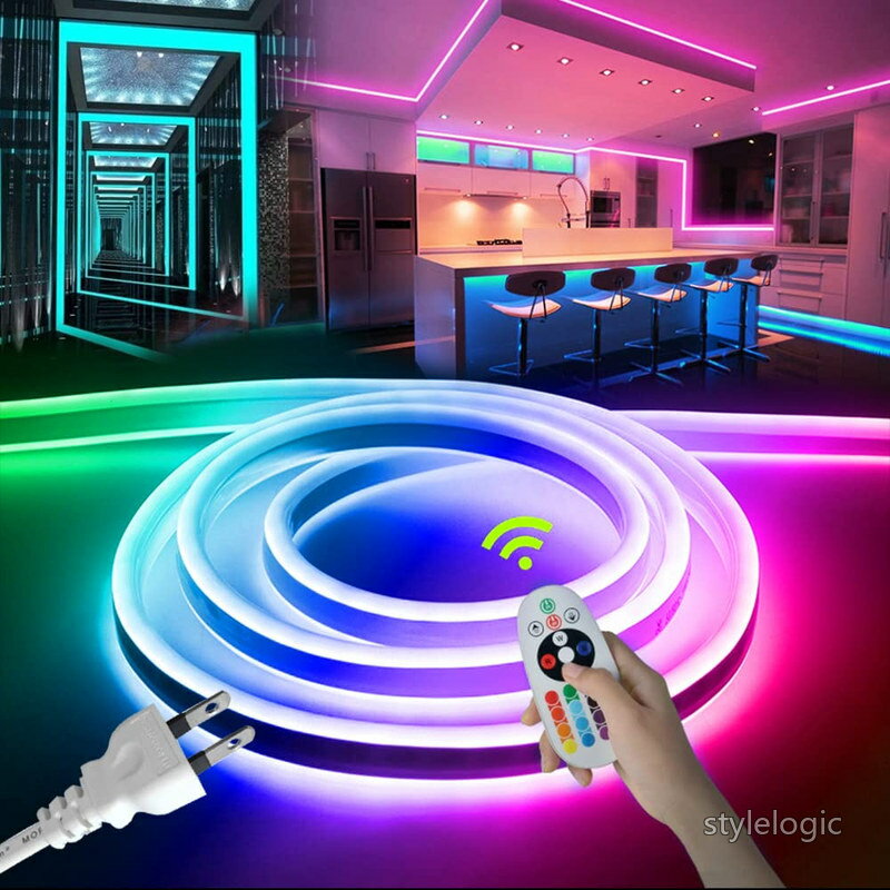 Rakuten - 【送料無料】7M RGB 100V EL蛍光チューブ管 高輝度 屋外 防水 16色変換 室内 ネオンライト 呼吸ランプモードの調整可能な輝度 切断可能 折り曲げ自在 間接照明 配線不要 プラグアンドプレイ