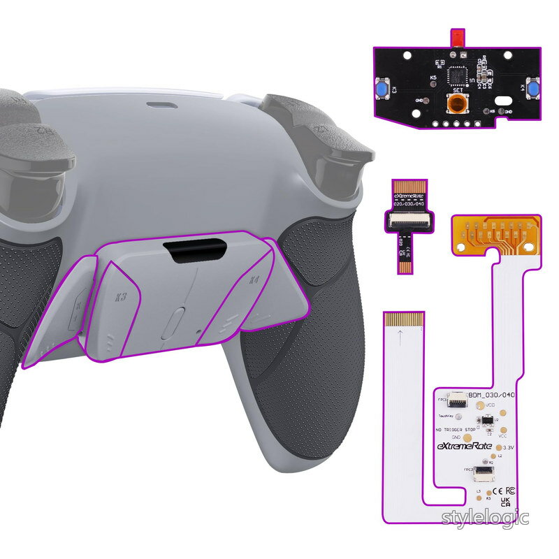 Rakuten - 【送料無料】ps5コントローラー（BDM-030&BDM-040&BDM-050）に対応用ラバーグリップ付きプラスティック製RISE4 V3背面リマップキット、ps5コントローラー用アップグレードボード＆バックシェルラバーグリップ付き＆4バックボタン【灰白&クラシックグレー