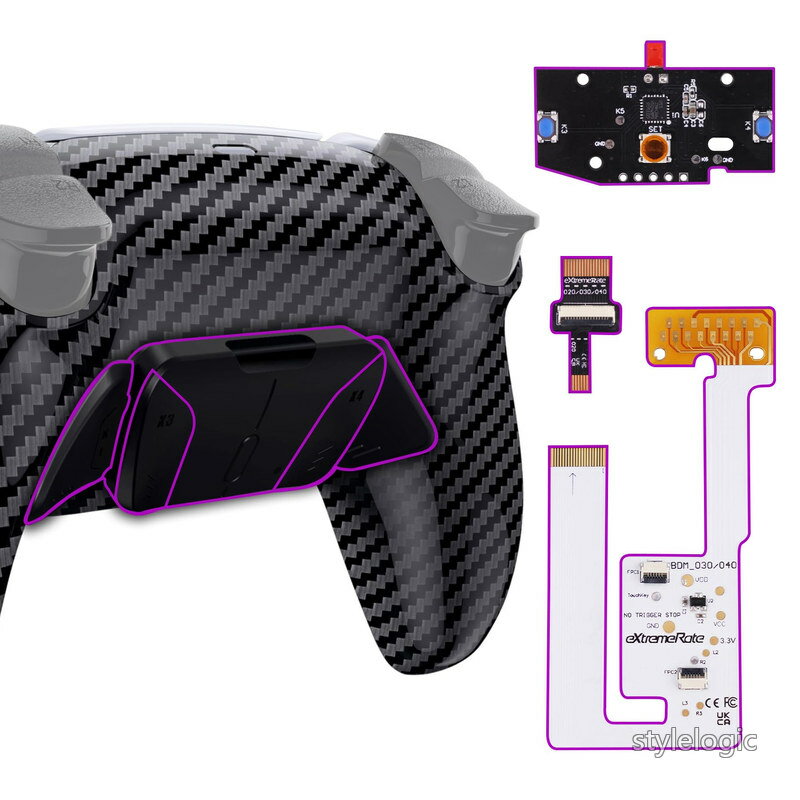 Rakuten - 【送料無料】ps5コントローラー（BDM-030&BDM-040&BDM-050）に対応用パターン柄プラスティック製RISE4 V3背面リマップキット、ps5コントローラー用アップグレードボード＆バックシェル＆4バックボタン【グラファイトカーボンファイバー