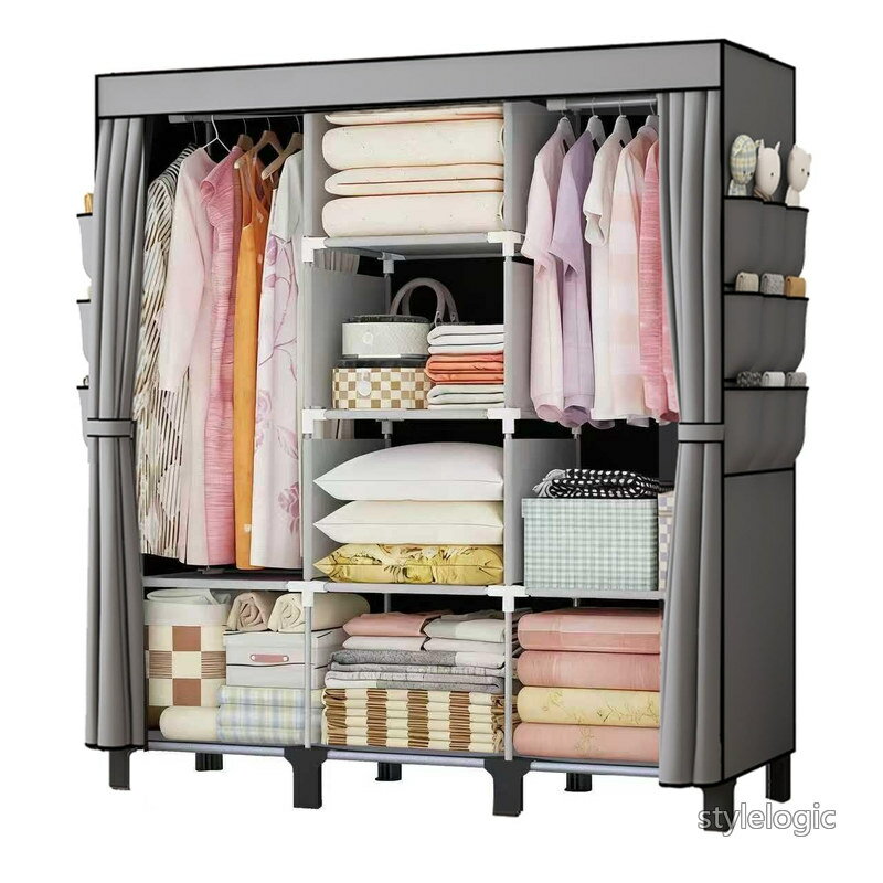【送料無料】衣装庫、ジッパー付きポータブル衣装庫。ポータブル衣装庫は衣服を吊るすために使用し、4 本の吊り棒と収納キャビネットを備え、広く大容量の収納スペースを有しています簡易クローゼット、は幅170 cm、奥行き45 cm、高さ172 cmで (Grey 高さ)