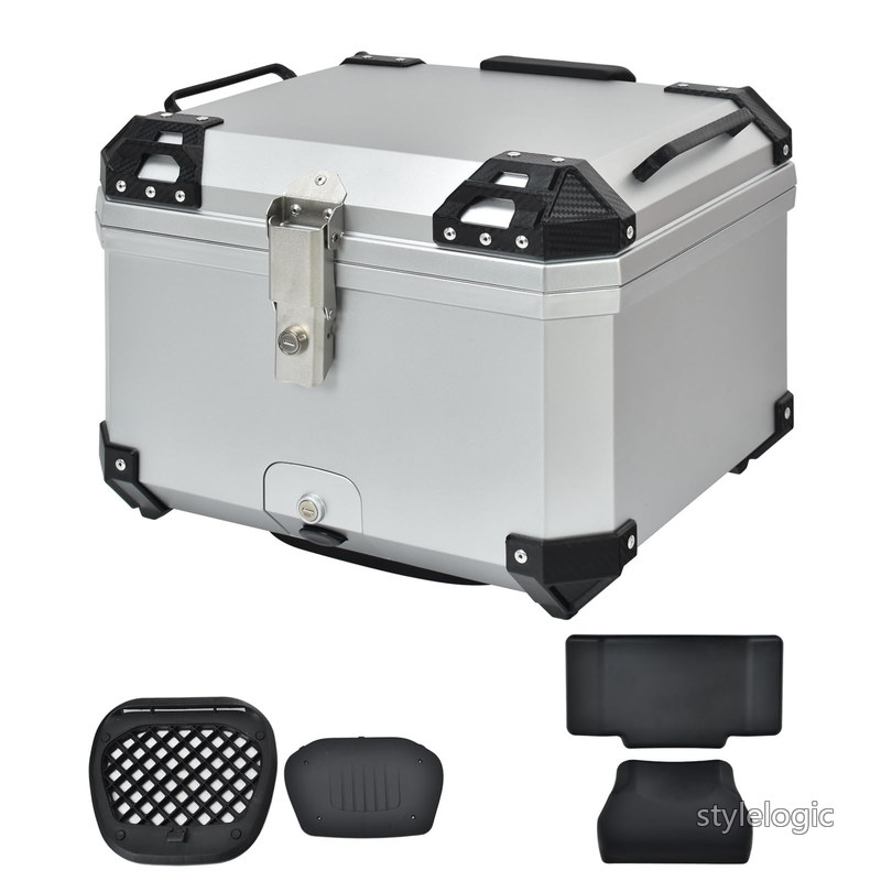 Rakuten - 【送料無料】Fkstyle【IPX8防水防塵＆フル装備！角型バイクリアボックス】トップケース 45L/55L 大容量 高強度ABS製 バックレスト・反射テープ・鍵・取付部品一式付属 ツーリング/配達用 (ブラック/シルバー) 日本語説明書付