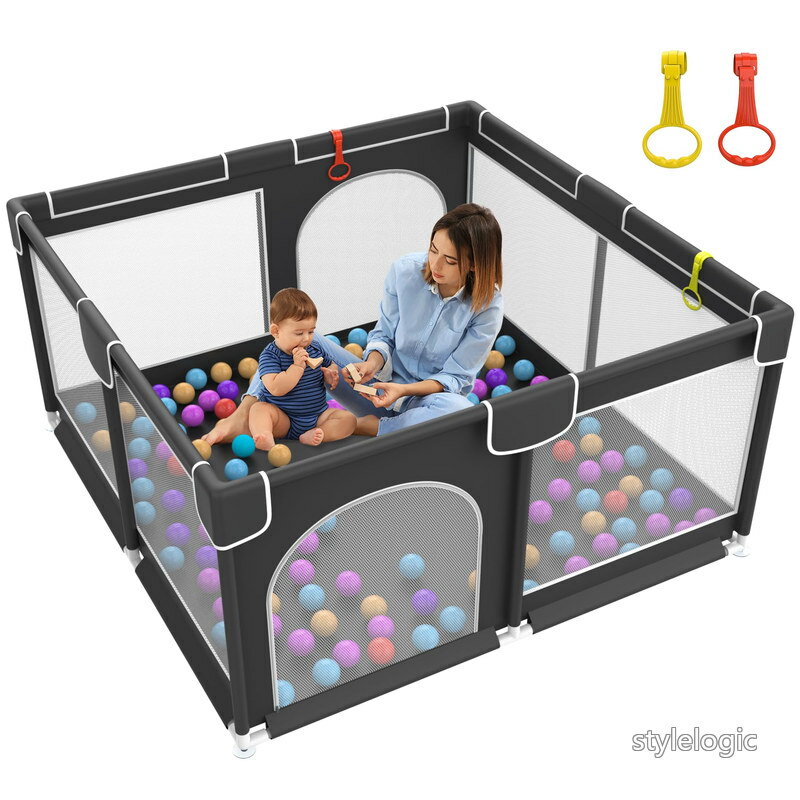 Rakuten - 【送料無料】ベビーサークル メッシュ 130×130×66cm 小さめ 赤ちゃん サークル グレー クッション付き 安全設計 コンパクト収納 洗えるカバー 片付け簡単 室内用 柔らかい保護フレーム き 滑り止め 吸盤付き 工具不要 簡単組立