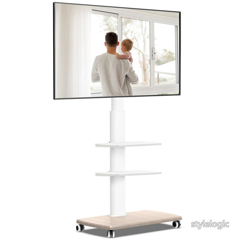 Rakuten - 【送料無料】FITUEYES テレビスタンド 32〜70型対応 キャスター付き 高さ角度調節可能 移動式 木目調 ホワイト 中段棚二枚付 棚板無階段調節 TT306504WW
