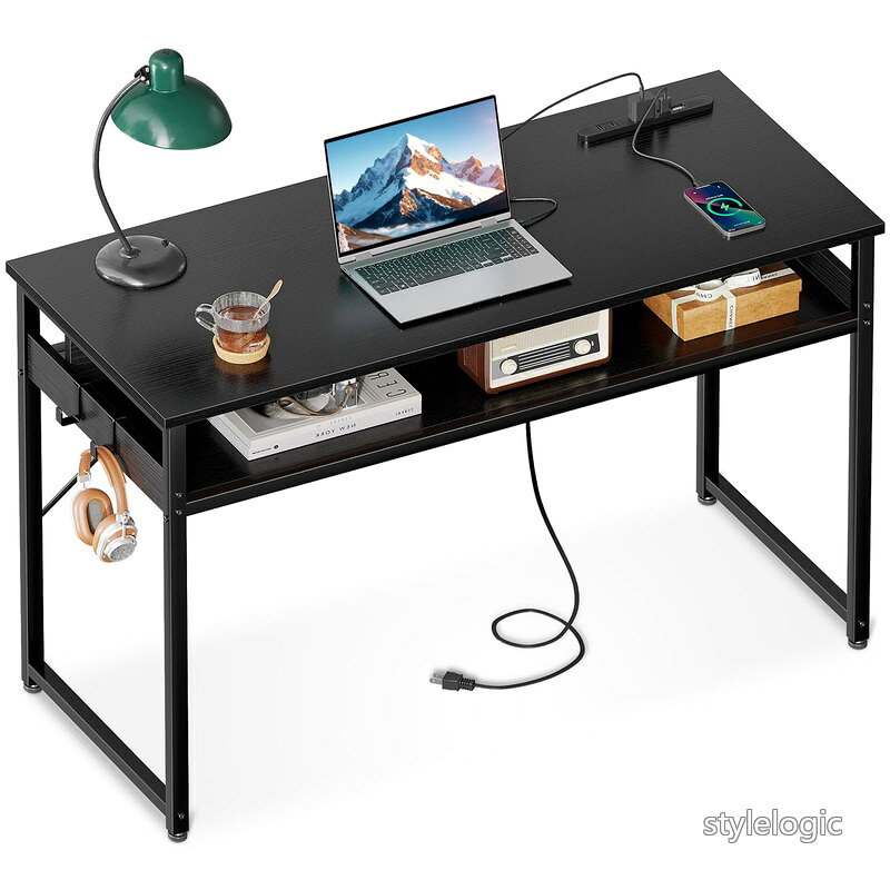 Rakuten - 【送料無料】ODK 机 pcデスク パソコンデスク 幅100cm ゲーミングデスク 収納付き コンセント付き 勉強机 computer desk ?子 ワークデスク ??? フック2個付き コンパクト テレワーク用 省スペース 組立簡単 黒い