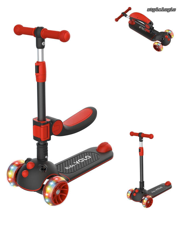 【送料無料】子供用 RideVOLO キックボード 2way三輪車 三段階高さ調整 62/74/81cm 光るLEDタイヤ 折り畳み式 シート高さ調節可能 方向変換 耐荷重50kg アウトドアに適用 おもちゃ 安定 ギフトに最適 レッド