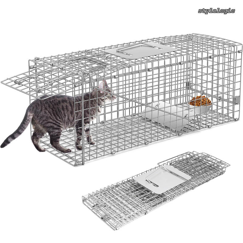 【送料無料】猫 動物用 保護器 踏み板式 猫捕獲器 66×26×23cm 猫の保護器 野良猫 迷子猫 小動物 保護 害獣駆除 農業作物保護 簡単組立 設置 畑 庭 家庭菜園 農業作物保護 野良猫 ねこ 保護かご 猫 安全 サイズ (シルバー)