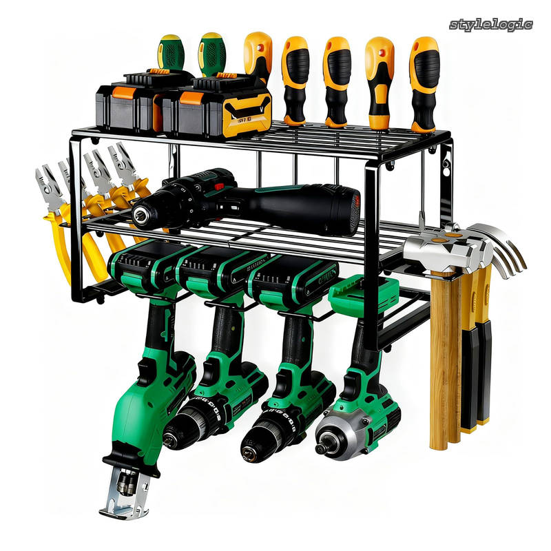 【送料無料】壁掛け 工具収納 電動工具ラック 40*20*20.5CM 多機能 ツール収納ラック 電動ツールドリル用 ツールストレージオーガナイザーホルダー 倉庫 ガレージ 作業 自宅 小屋用 ツールシェルフ ツールス (ブラック)