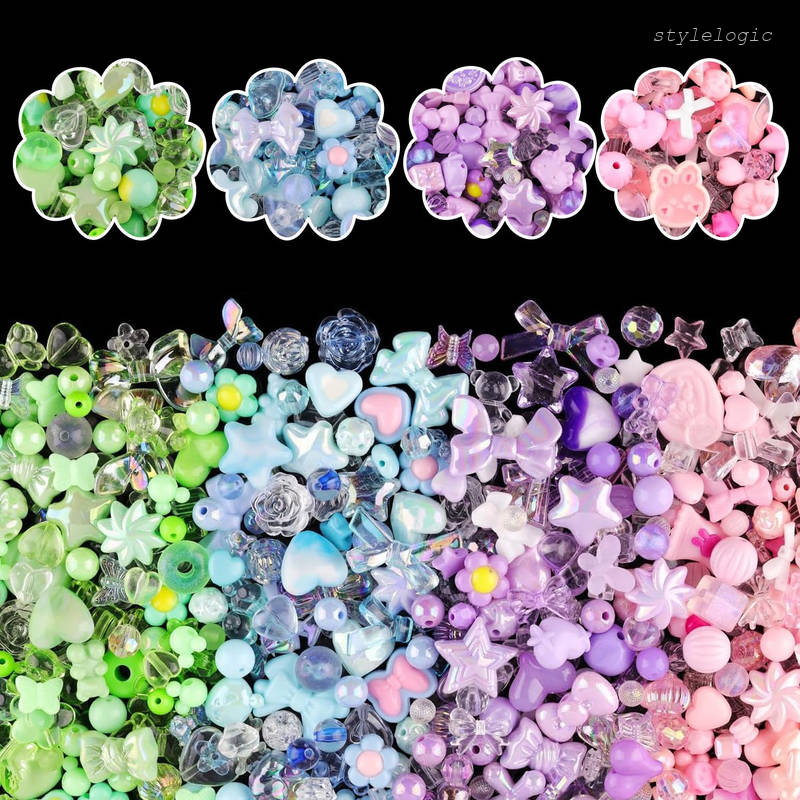 約400個セット ビーズ アクリルビーズ 4種 カラー キラキラ 手芸カラフル 柔らかい色 り デコパーツ 透かしアクセサリー 手芸 ストラップパーツ ハンドメイド 材料