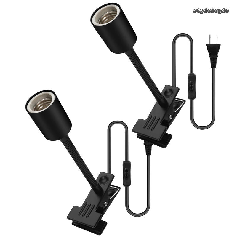 【送料無料】クリップライトソケット 電球ソケット E26口金 耐熱セラミック製 植物育成ライト対応 日常照明にも使用可能 スイッチ付 1.84mコード 角度調整可能 ネックチューブの長さ 15.1 CM ブラック 2個装