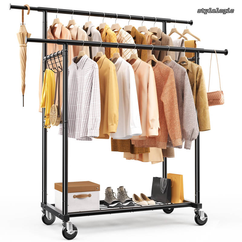 Rakuten - 【送料無料】ハンガーラック 200kg耐荷重 洋服掛け キャスター付き 伸縮ポール&収納ネット 室内物干し 165x57x168cm 軽量設計 3インチ静音キャスター 組立簡単 服掛け