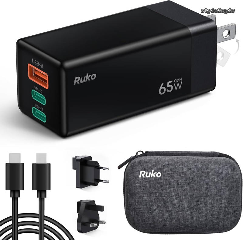 【送料無料】65W USB PD 充電器 USB-A & C 3ポート GaNII採用、国際旅行充電キット（ポータブルバッグ・ケーブル付き、UK/EU プラグ対応）iphone 17 iphone16/Pro、Galaxy S24、MacBook、i