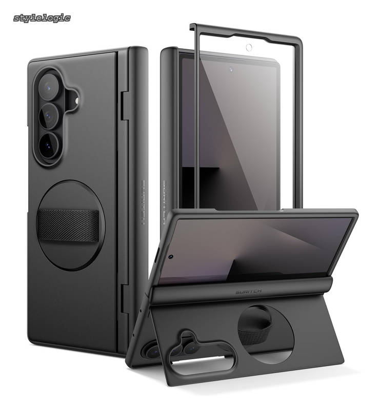 Rakuten - 【送料無料】対応Samsung Galaxy Z Fold 7 ケース 360°回転式ハンドストラップ、グリップホルダー、キックスタンド、スクリーンプロテクター、ヒンジ保護機能付き、スリムで頑丈な耐衝撃保護カバー ブラック